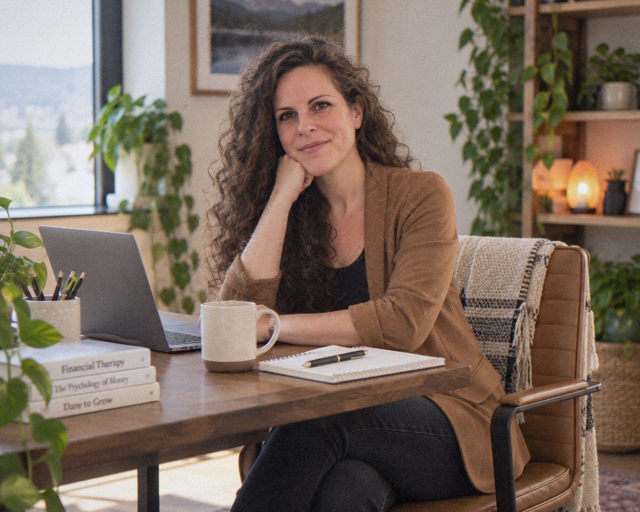 Rebecca smiling at her desk with a laptop, coffee mug, and notebook